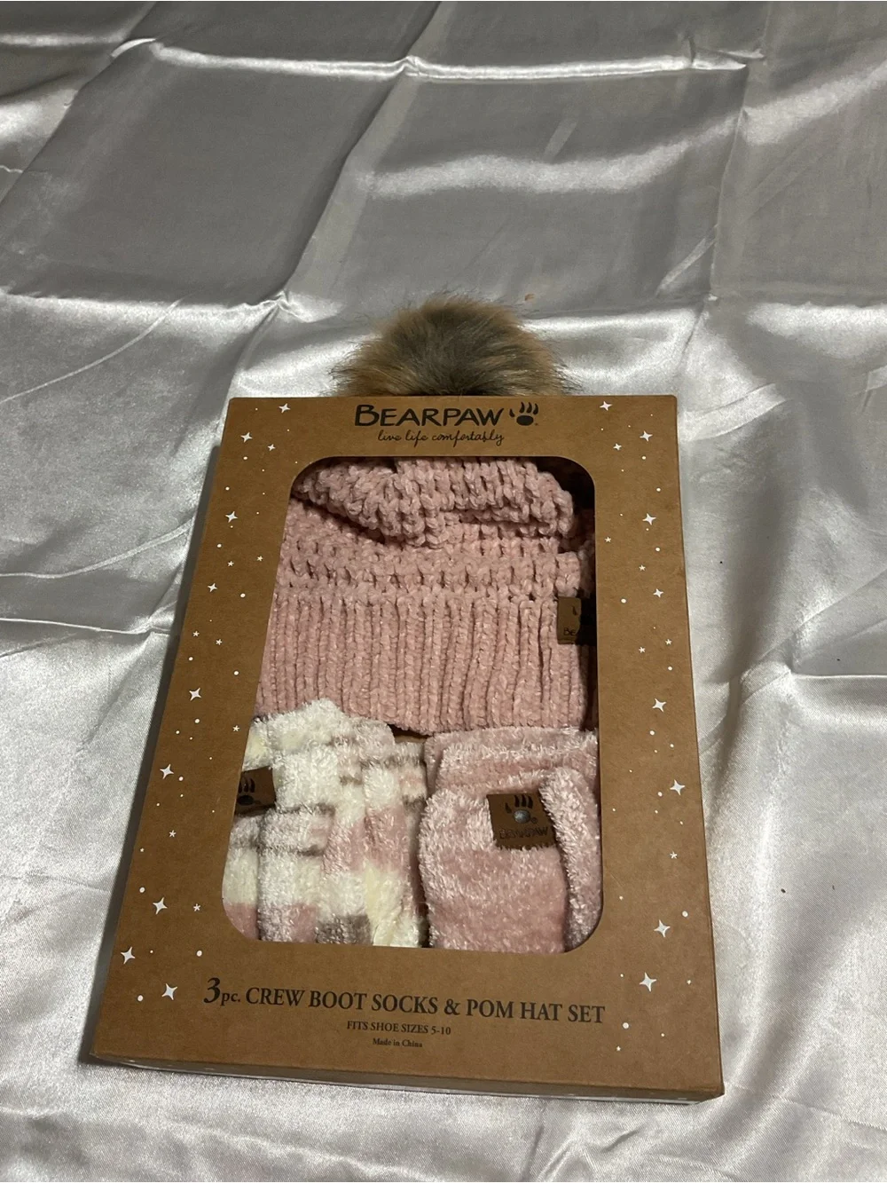 BearPaw Pink Pom Knit Hat with Matching Crew Socks Set